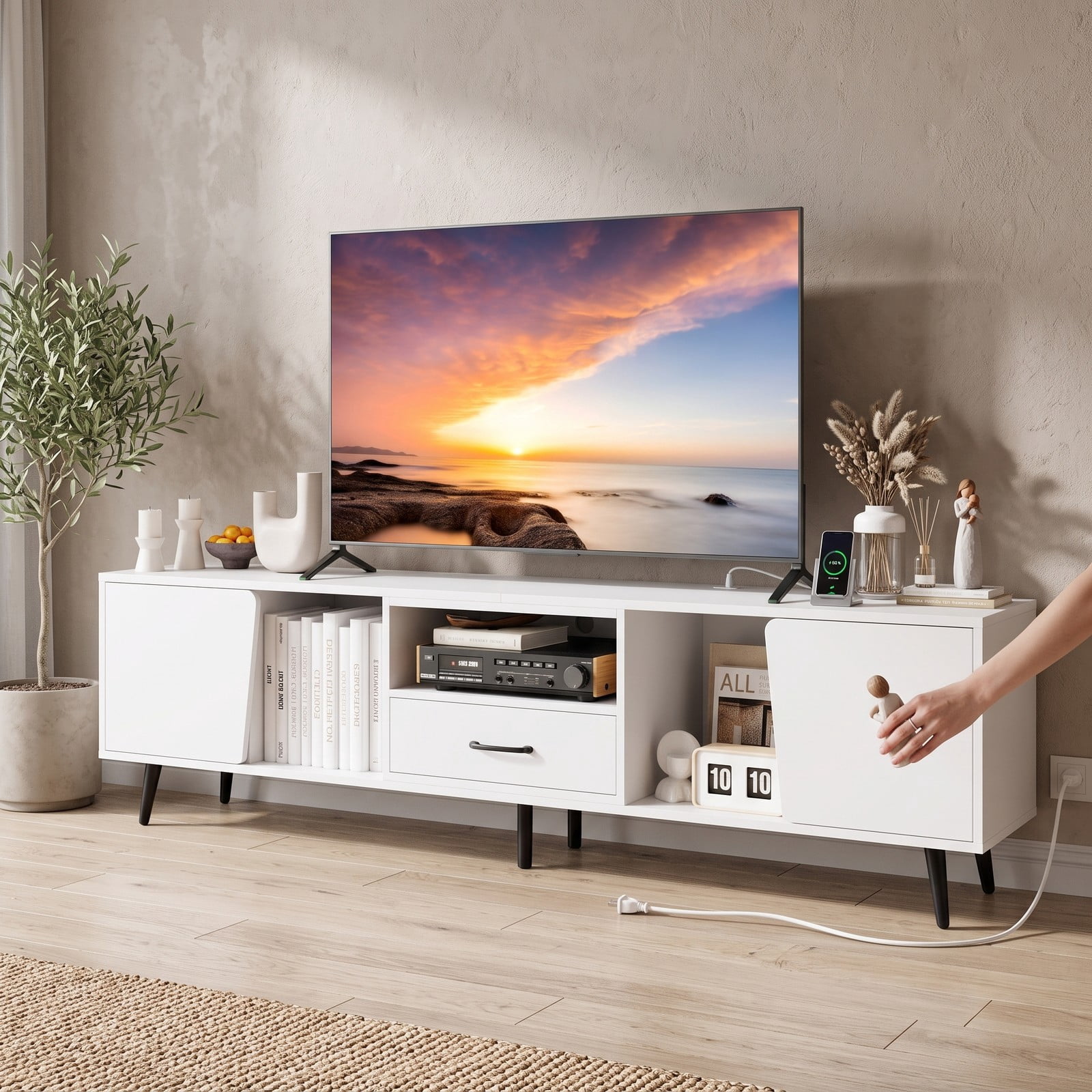 Furnibear 79 Inch TV Stand for TVs up to 90 Inches, Modern Mid Century Wood Entertainment Center Media Console Table with Storage Cabinet for Living, White and Black