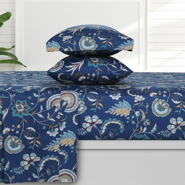 Azores Home Organic Cotton Sateen 300 Thread Count Deep Pocket Sheet Set Ingrid Blue Queen