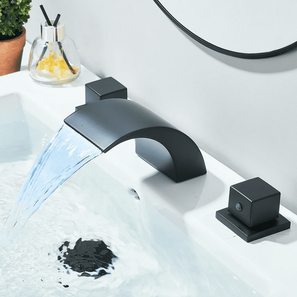 Zovajonia 3 Hole Bathroom Faucet, Matte Black Dual Crystal Knobs Vanity Basin LED Sink Faucet Mixer Bronze Bath Faucets ,Widespread bathroom faucets for sink 3 hole Waterfall Tub Faucet