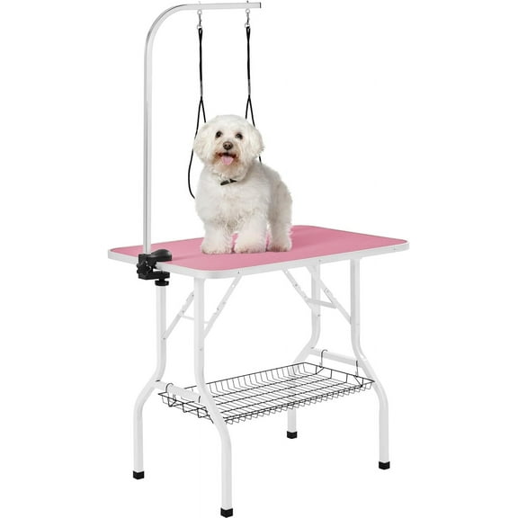 Killeryuki 36'' Dog Grooming Table, Adjustable Pet Foldable Grooming Table w/Double Loops/Mesh Tray Maximum Capacity Up to 220lbs, Pink