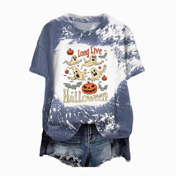 enyan Women Halloween Shirt Cute Fall Shirt Funny Print Letter Autumn Festival Short Sleeve Tee Tops Women Halloween Tshirt(Navy,S)