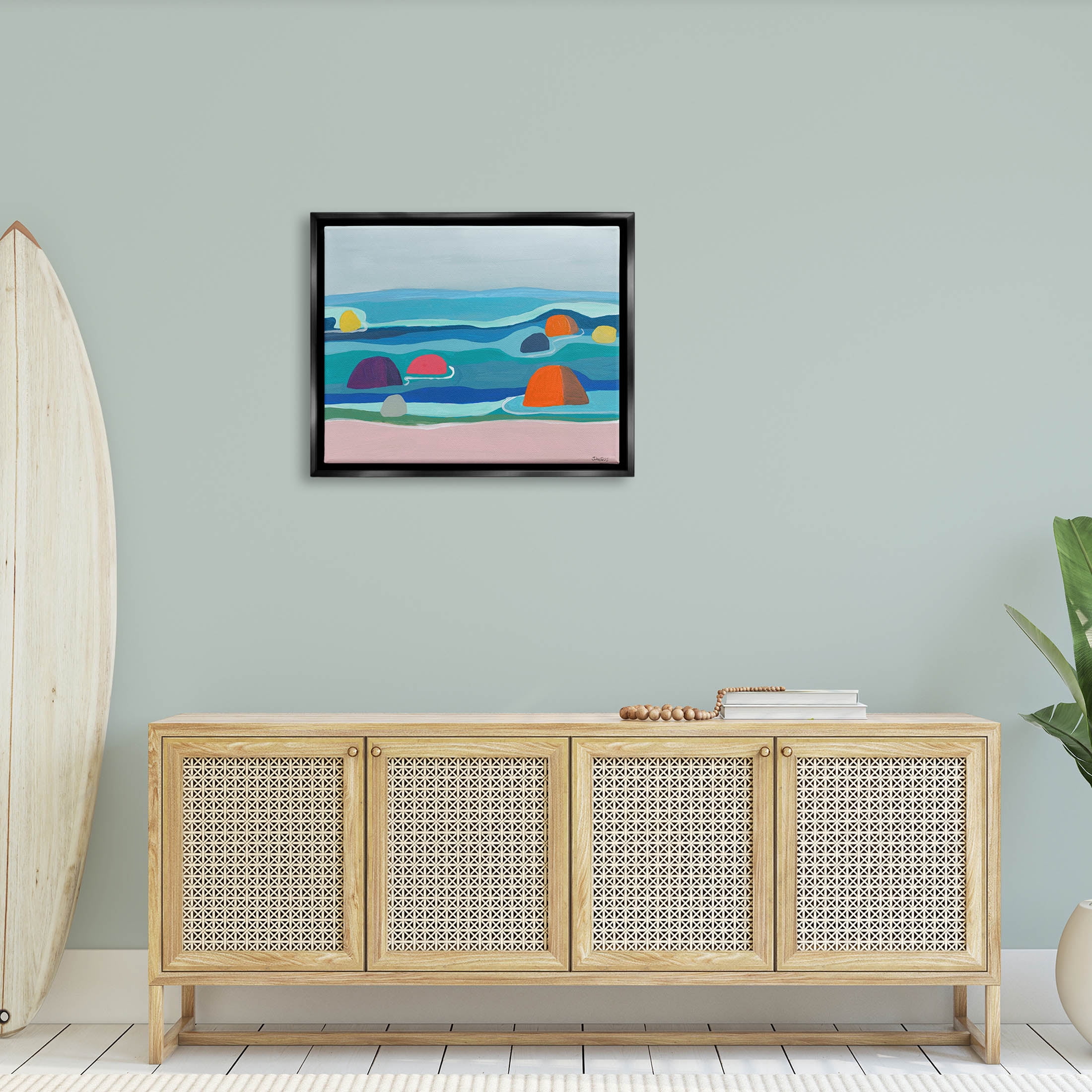 Buoy Floating Ocean Waves Coastal Painting Jet Black Framed Art Print Wall Art
