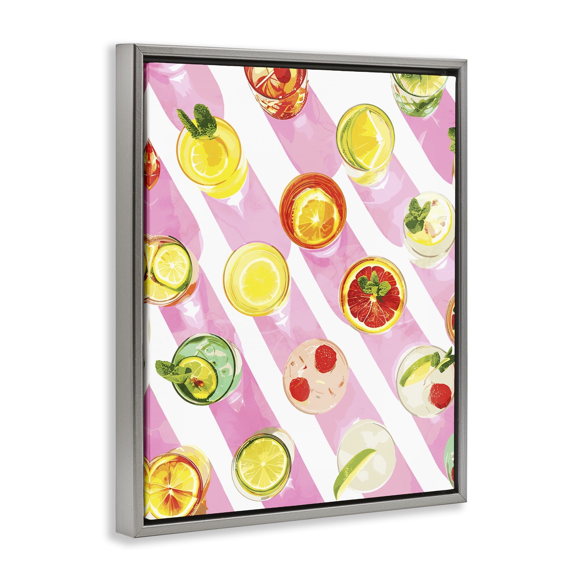 Stupell Industries Aerial Cocktails on Stripes Food & Beverage Painting Gray Floater Framed Canvas Art Print Wall Art, 25 x 31