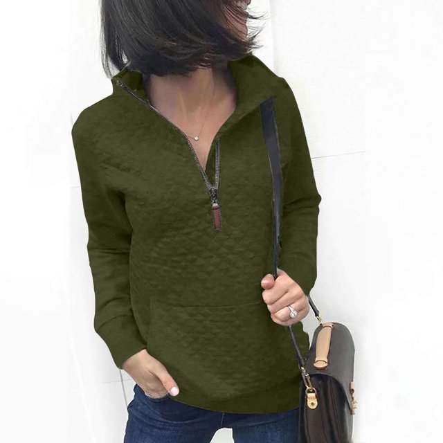 PEZHADA Chandails d'Automne pour Femmes Liquidation Femmes Demi-Glissière Chandails Courts Unis Col Rabattu Revers Vêtements Blouse Manches Longues Chandail à Enfiler Chemise Hauts Chandails Vert Armée