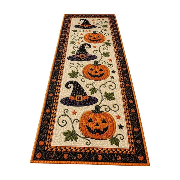 Halloween Quilted Table Runner, Witch Hat Jack‑O‑Lantern Pumpkin Pattern Table Runner 70.87×13.78 Inch, Seasonal Holiday Decorative Table Cloth for Dining Table Party Home Decor