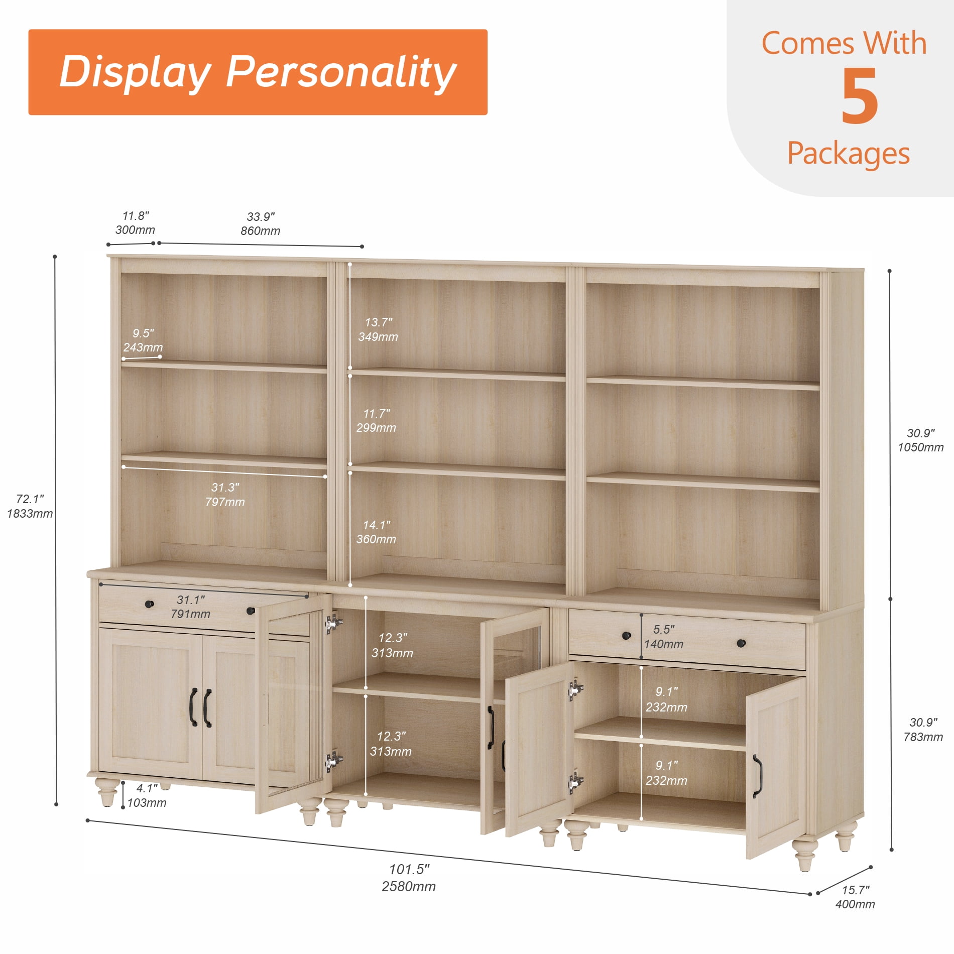 Farmhouse 5 Tier Bookcase With Doors & Drawers, Beige, 101.6" W