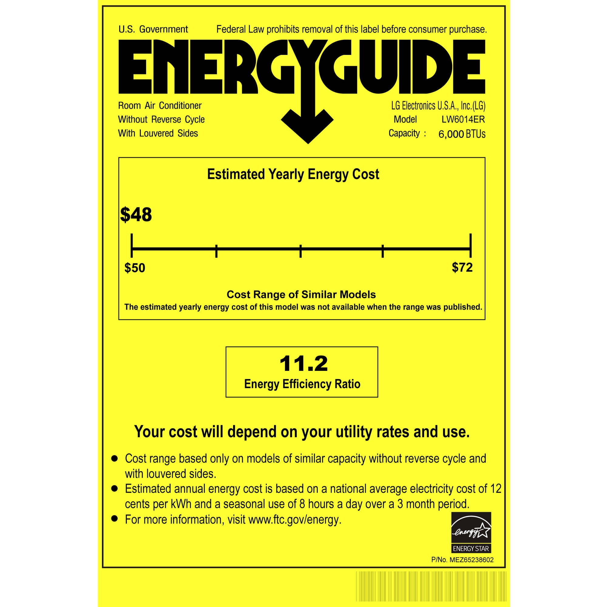 LG Electronics LW6014ER Energy Star 6000BTU 115V WindowMounted