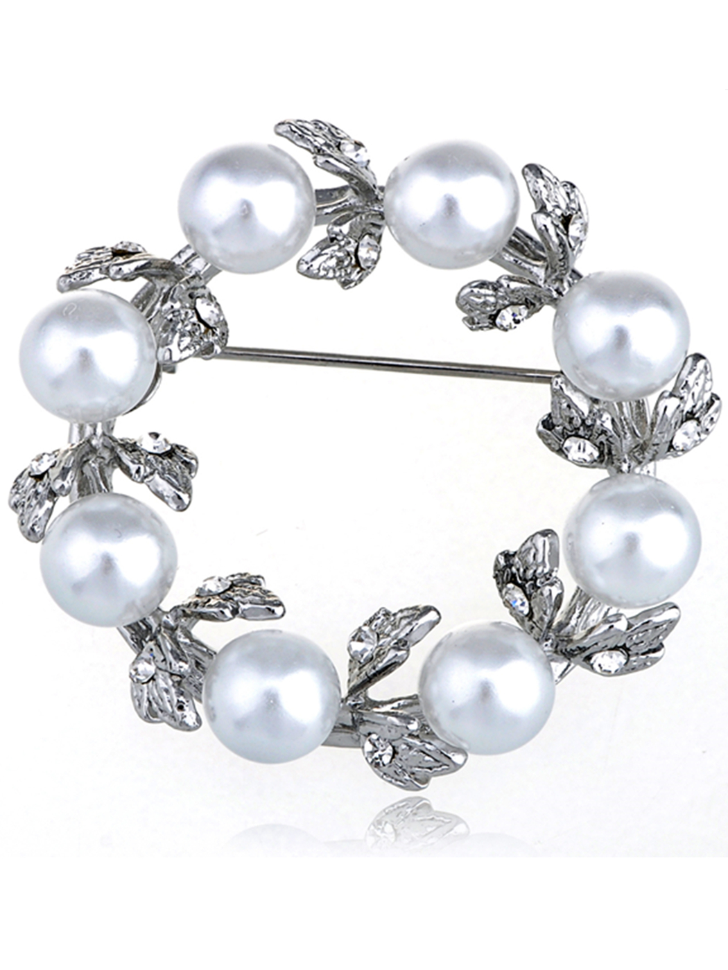 Bridal White Faux Pearl Bead Reef Wreath Classic Crystal Rhinestone Pin