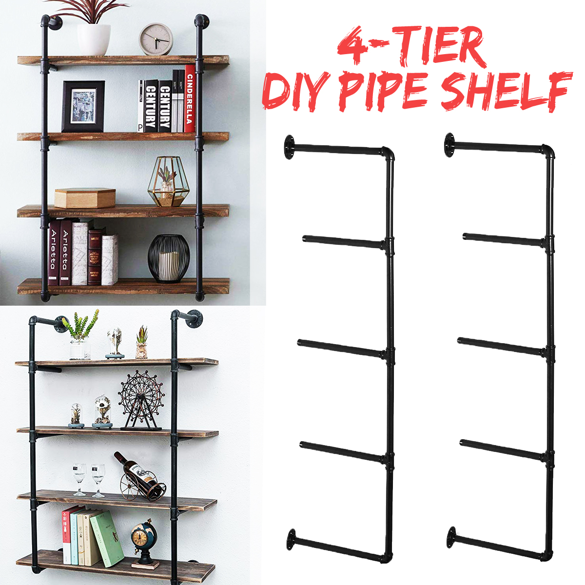 2Pcs 4/5-Tier Industrial Iron Pipe Shelf Brackets Wall-Mounted Bookshelf Frame, Customizable DIY Shelving, Floating Open Display Storage for Home, Office, Commercial Use - image 1 of 7