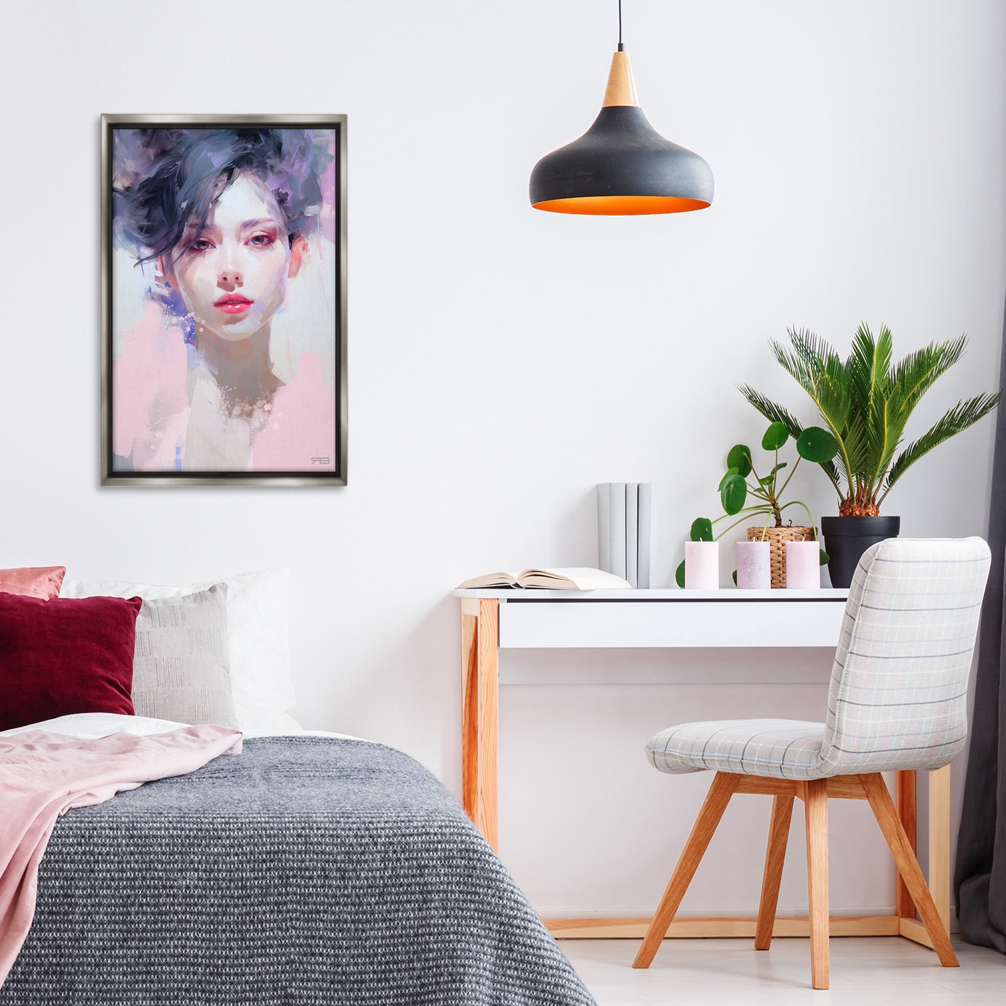 Stupell Industries Purple Haired Woman Novelty Painting Gray Floater Framed Art Print Wall Art, 21 x 31