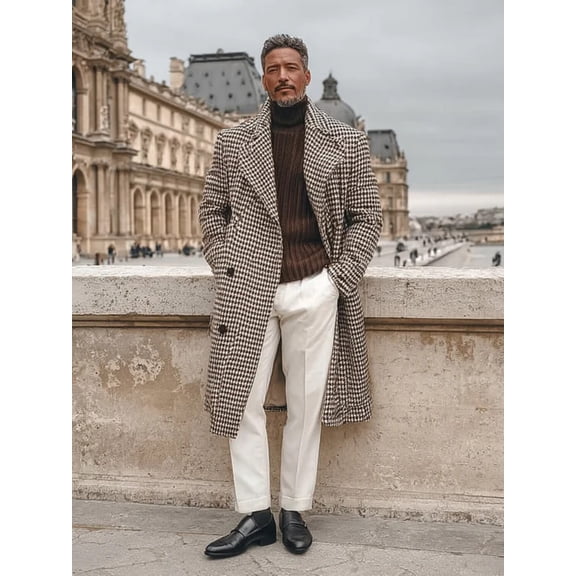 Men’s Black‑White Houndstooth Long Wool Overcoat, Autumn‑Winter High‑Grade Casual Outerwear