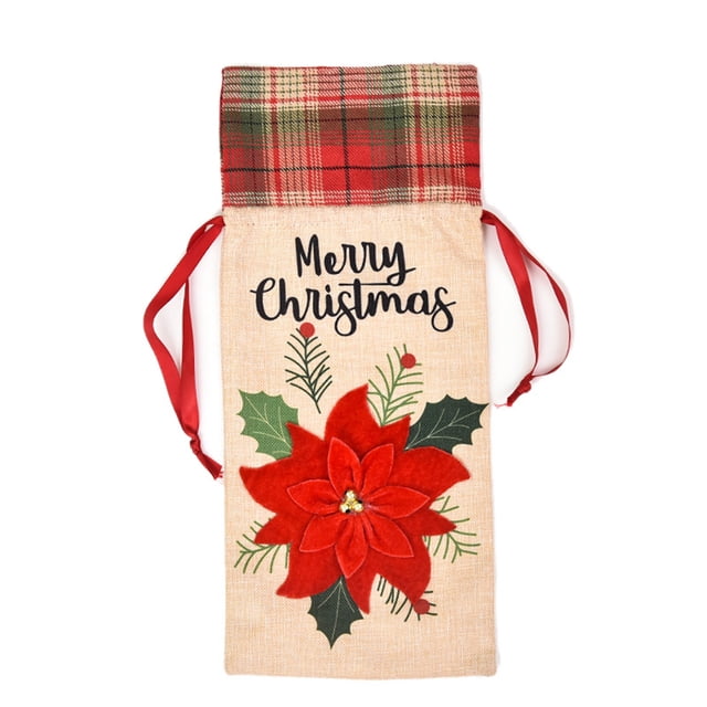 Billuyoard Ropa navideña con patrón de rejilla con cordón, manga de cerveza, de comedor, cubierta de botella de vino de lino de Año Nuevo, bolsa de Kits de decoración para fiestas Flor Billuyoard HA068795-02