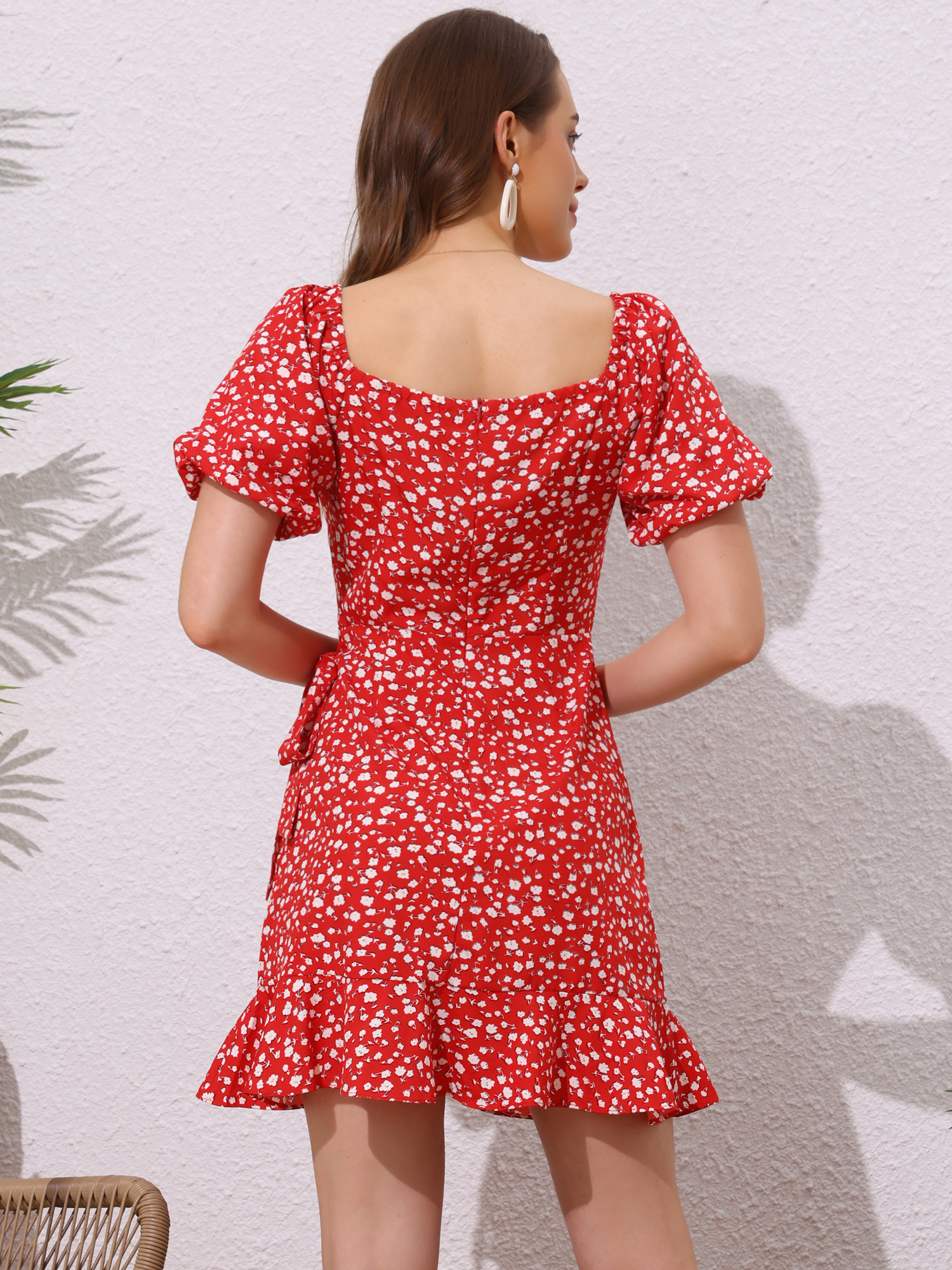 DARING DIVA Square Neck Floral Puff Sleeve Tie Waist Flowy Dress XS Red