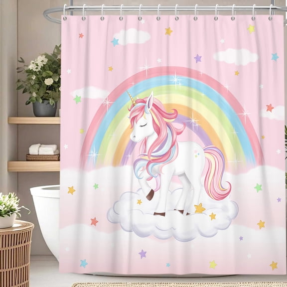 Nanqianyi Pink Rainbow Unicorn Shower Curtain,Kids Bathroom Polyester Waterproof Shower Curtain with Hooks,36 x72 Inch