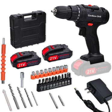 HDJ 21V Max Cordless Drill with 2 Batteries, 3/8'' Electric Drill Drivers Set Variable Speed ,Black