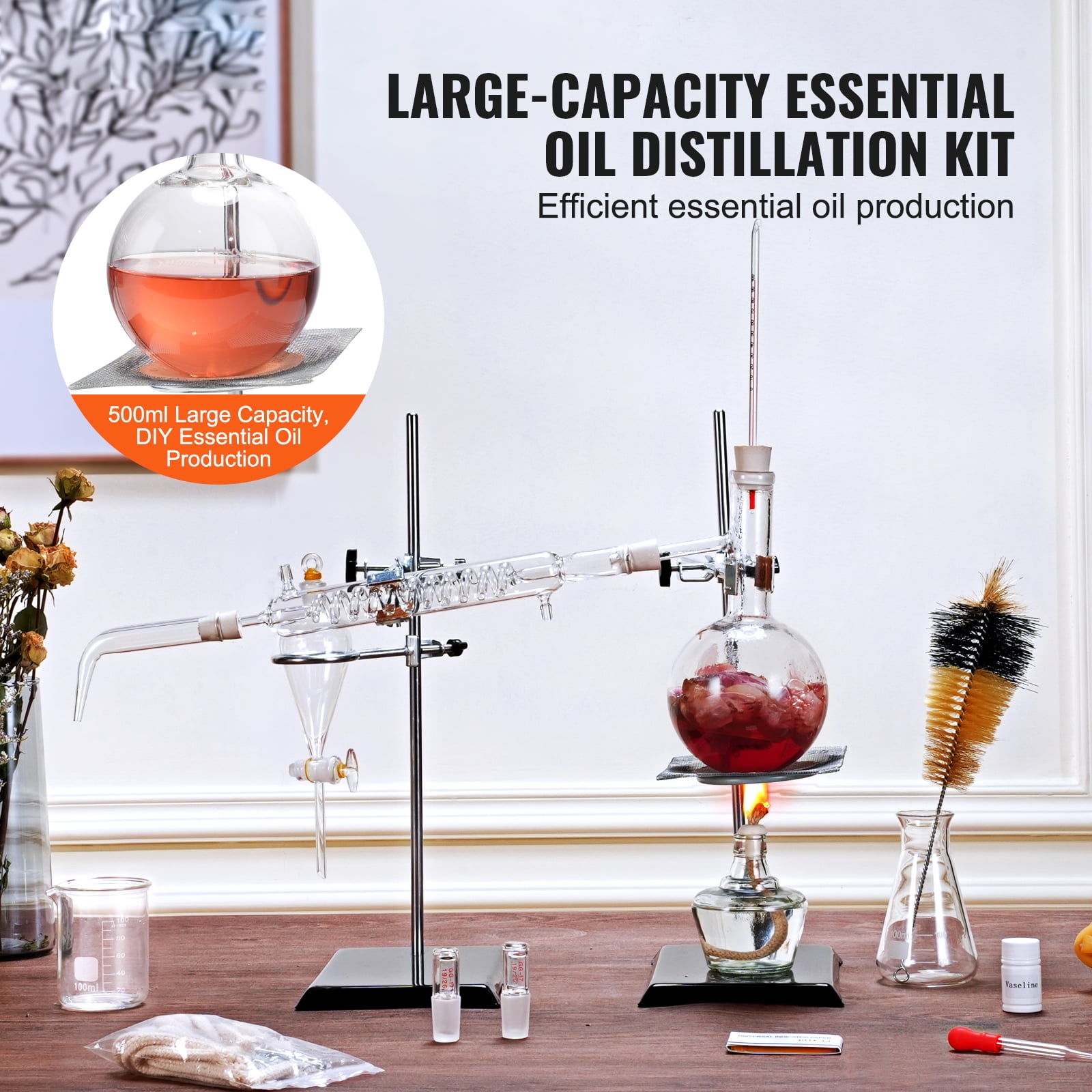 KFFKFF Essential Oil Distillation Equipment, 500ml Glassware Set, Includes 3.3 Boro Laboratory Glass, Alcohol Burner, Ceramic Mesh, 24/40 Joint, 28 Piece Kit