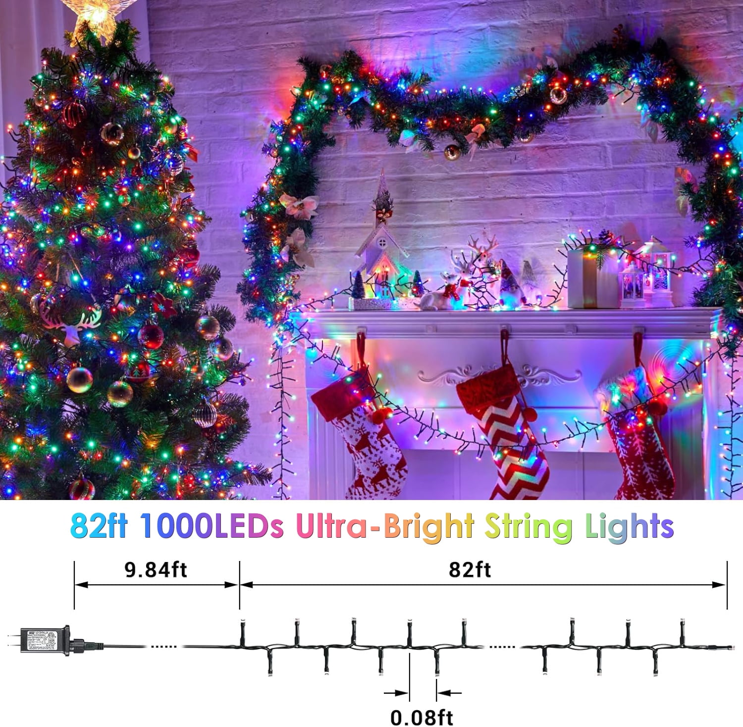 Aship 82ft 1000 Multicolor Christmas String Lights, Waterproof Outdoor Christmas String Lights with 8 Modes, Twinkle LED String Lights for Tree Party Decoration
