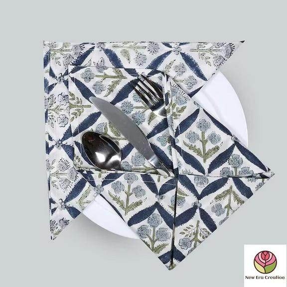 New Era Creation Denim and Stone Blue,Olive Green Indian Floral Hand Block Printed Pure Cotton Cloth Napkins,Dinner Napkins,Cocktail Napkins