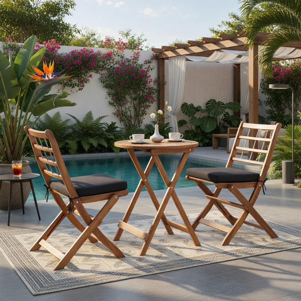 Hommoo 3-Piece Acacia Wood Folding Patio Bistro Set with Cushions, Outdoor Dining Set for Balcony, Porch & Garden, Gray