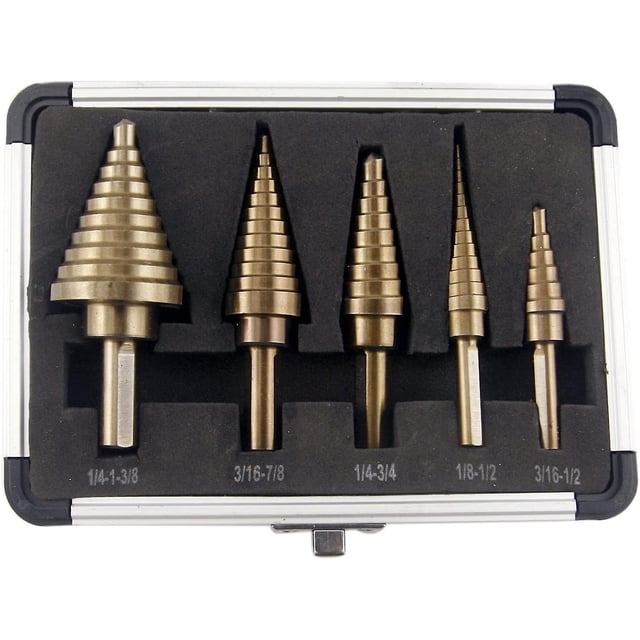 Brocas escalonadas, juego de brocas escalonadas de titanio, 5 tamaños, 5 brocas para chapa Hss todo en uno, con caja de aluminio, brocas escalonadas porosas TUNC Sencillez