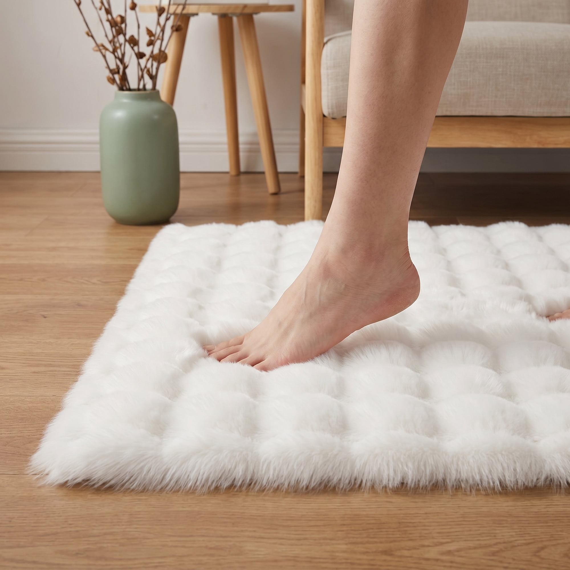 Unique Bargains Geometric Absorbent Shaggy Area Rug Non-Slip Plush Carpet 32" x 20" White