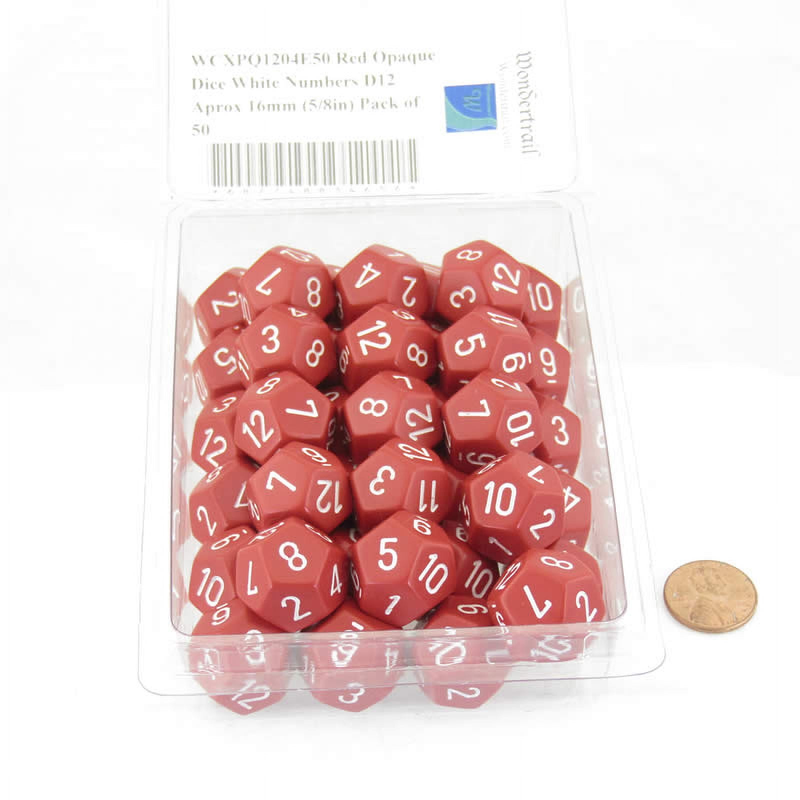 Red Opaque Dice with White Numbers D12 Aprox 16mm (5/8in) Pack of 50 Wondertrail