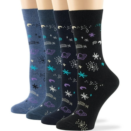 

7BigStars Kingdom Women Calf Space Socks 4 Pack Medium 9-11 Cotton Crew Gifts Novelty Denim Blue Light Navy Black