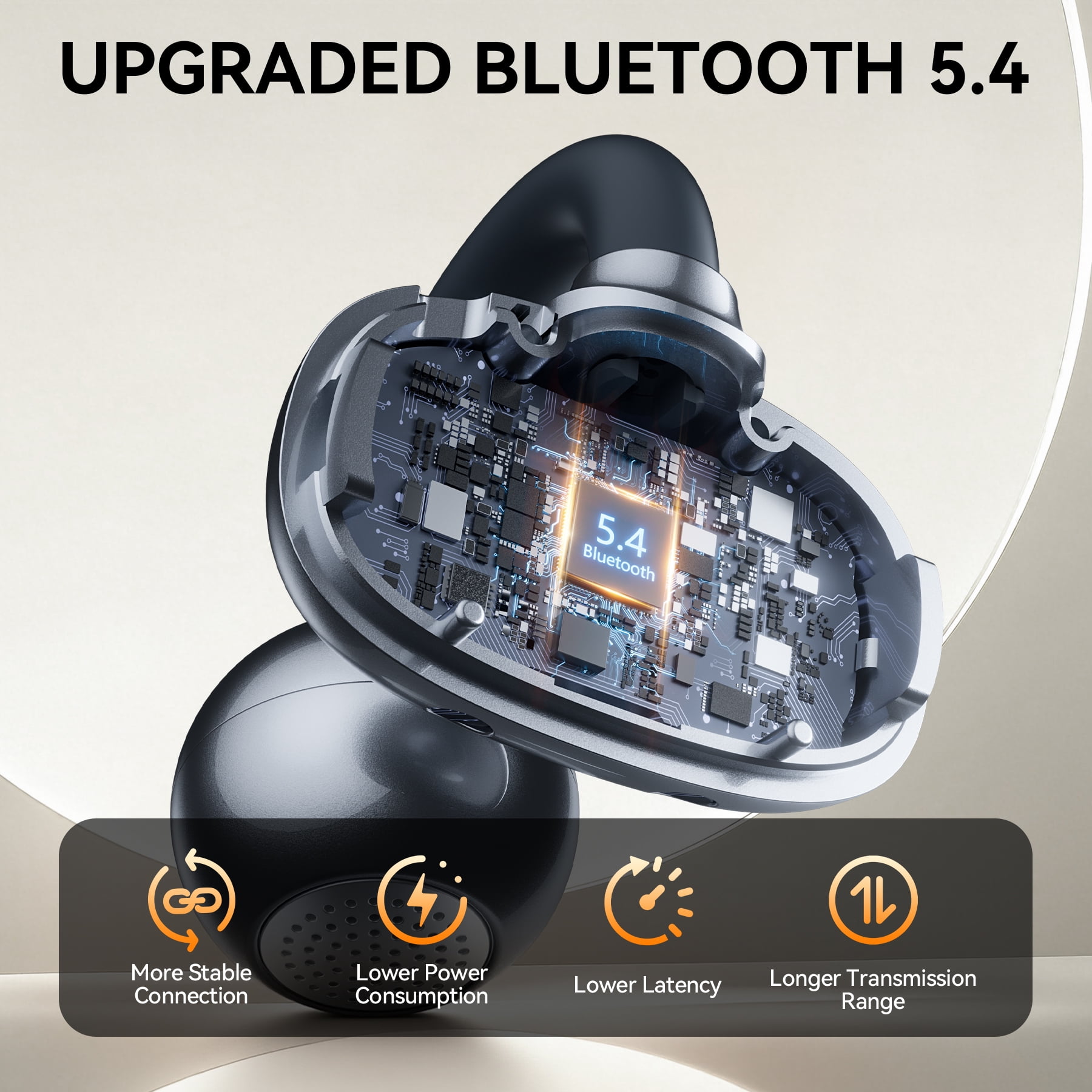 VEATOOL Clip On Earbuds,Bluetooth 5.4 Lightweight Comfort Bone Conduction Open Ear Headphones with LED Digital Display,Noise Cancelling Headphones, IPX7 Suitable for Small Ears and Eyeglass Wearers