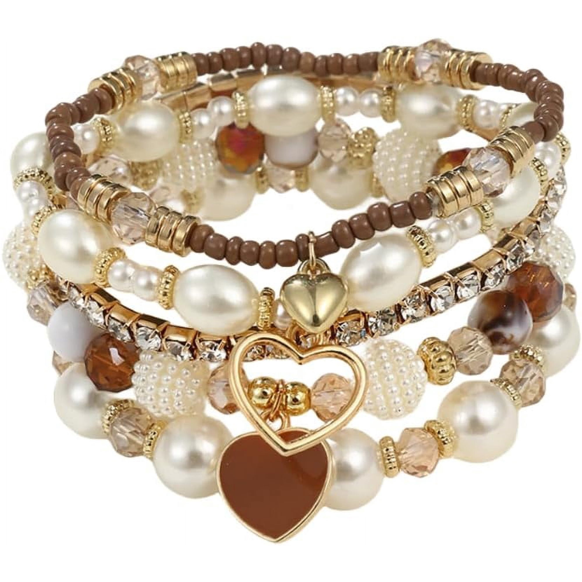 Tarien Bohemian Stackable Beaded Bracelets Set for Women Multicolor Stretch Faux Pearl Heart Crystal Stretchy Bangles Multilayered Handmade Friendship Holiday Beach Jewelry Mother's Day Gifts