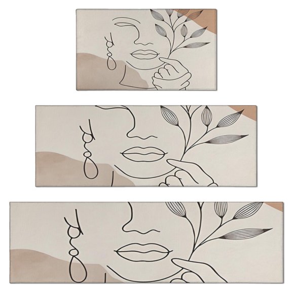 Brown Boho Line Art Face and Plant Pattern Kitchen Rugs Sets Of 3,Kitchen Runner Rugs Non Skid Washable,Decorative Kitchen Floor Mats for Kitchen,Sink,Laundry,17"x30" 17"x47" 17"x59"