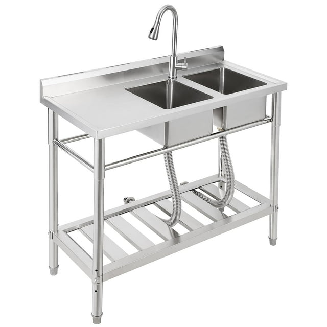 Free Standing Commercial Kitchen Sink, Stainless Steel Utility Sink with Hot & Cold Hoses, NSF Certificated, Stainless Steel Double Bowl Utility Sink Set for Garage, Restaurant (47 Inch)