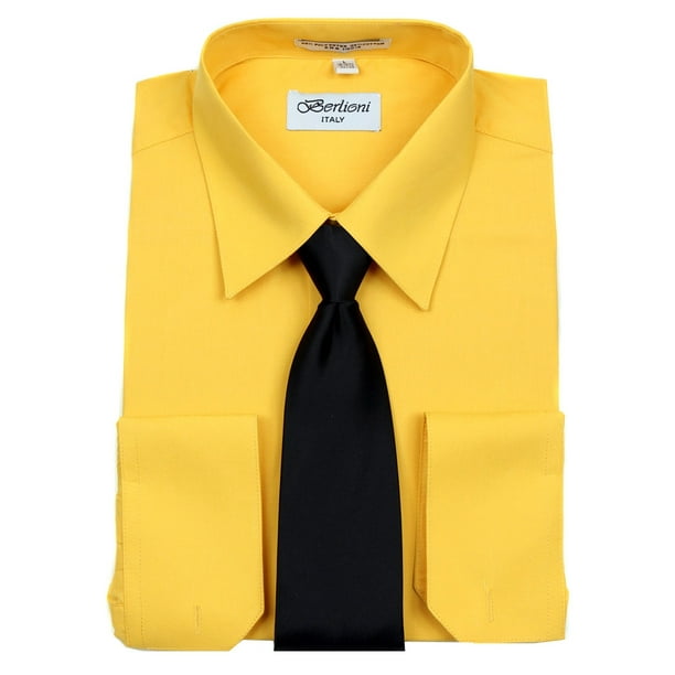 Berlioni Gold Solid Mens Dress Shirt and Tie Set