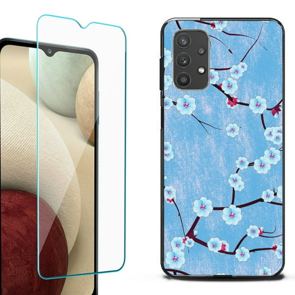 Slim-Fit Flexible TPU Gel Phone Case (black) for Samsung Galaxy A32 5G, with Tempered Glass Screen Protector, by OneToughShield ® - Blossom Sky
