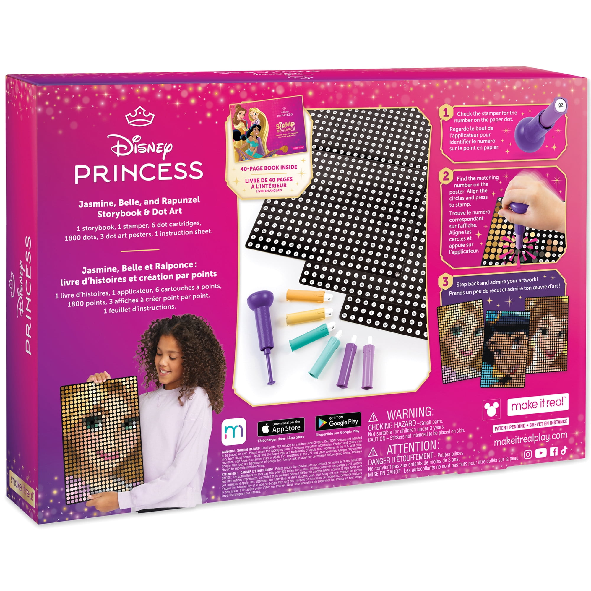 Make It Real: Disney Stamp To Reveal - Jasmine, Belle, Rapunzel Storybook & Dot Art - 1812pcs, DIY 3 Princess Dot Posters, Craft, Girls & Kids Ages 6+