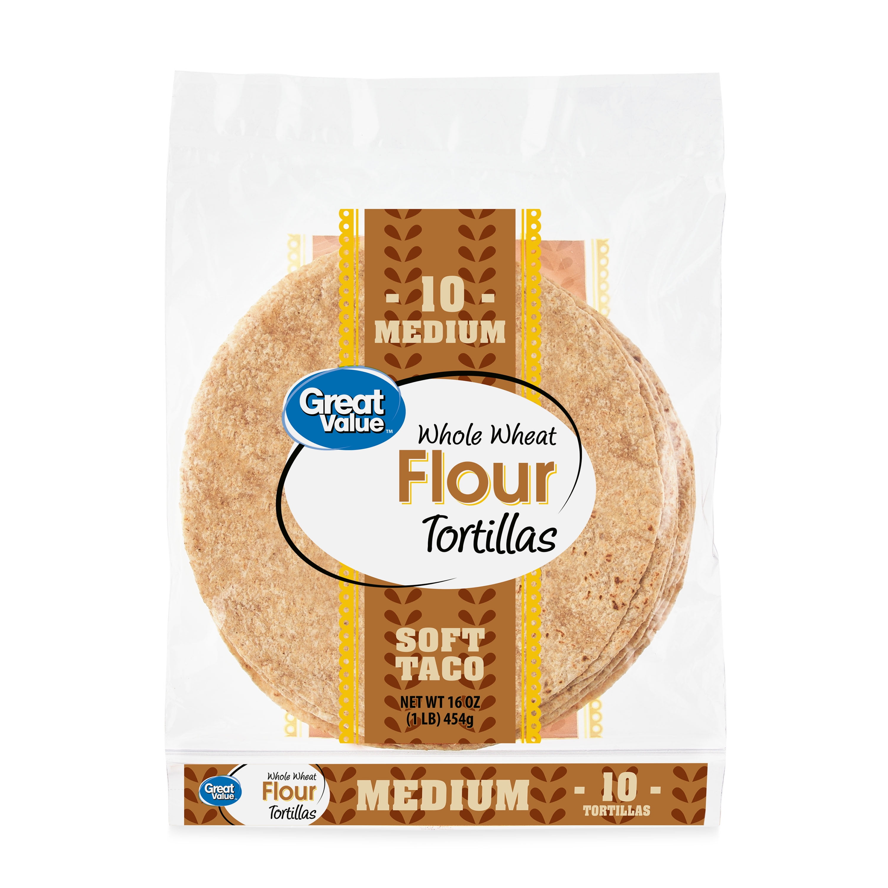 Great Value Whole Wheat Soft Taco Flour Tortillas, 16 oz, 10 Count