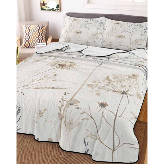 Beige Black Botanical Twin Size Down Alternative Comforter, Lightweight Comforter Quilt Bedding Set with Pillow Shams Watercolor Floral Vintage All Seasons Bed Comforter Duvet Insert 68"x86"