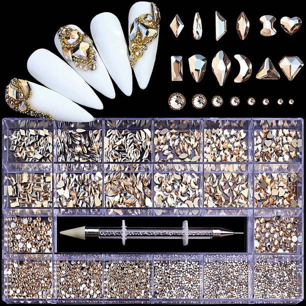 Uñas postizas, uñas postizas, regalos para mujeres, caja de diamantes para decoración de uñas, juego de joyas para decoración de uñas DIY con forma de diamante de vidrio plano, taladro para uñas