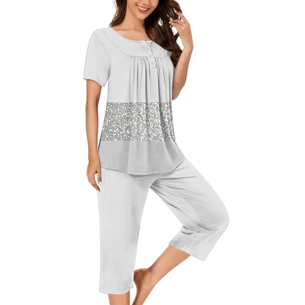 Sexy Pijama Conjunto para las Mujeres, Cuello Redondo Blusa de Manga Corta Y Pantalones, Traje de Moda Casual