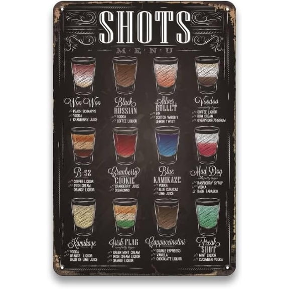 Tin Sign-Vintage Bar Shots Menu Metal Sign, Home Bar & Man Cave Decor, Beer Lovers Gifts, 8 x 12 inch
