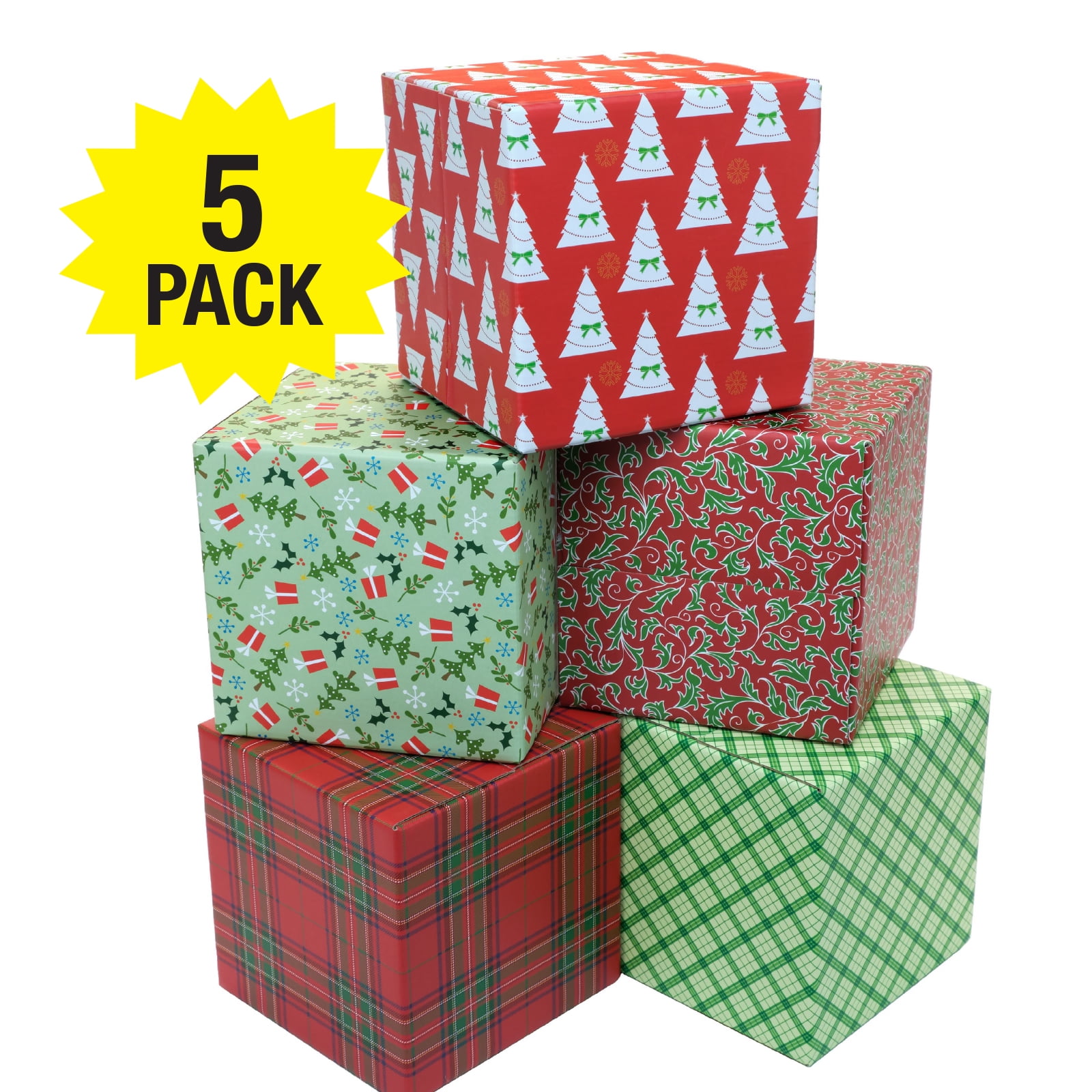 Holiday Gift Shipping Boxes (Pack of 5 Assorted Patterns 6"x6"x6