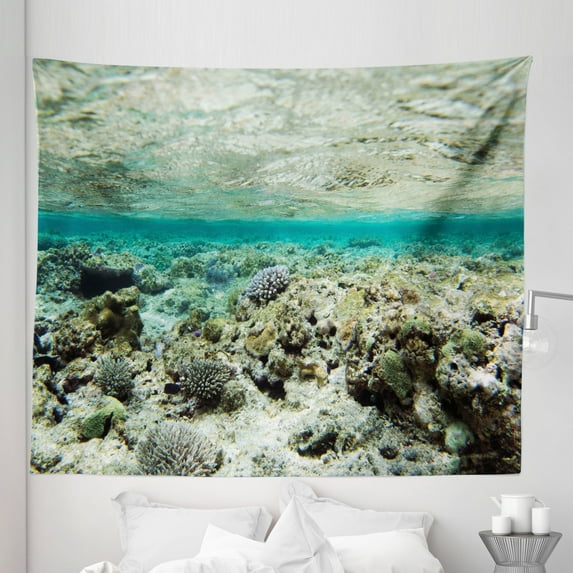 Underwater Ocean Tapestry, Bottom of the Sea Ecosystem Diving Reef and Weeds Picture, Fabric Wall Hanging Decor for Bedroom Living Room Dorm, 5 Sizes, Teal and Pastel Purple, by Ambesonne