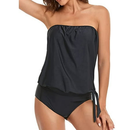 Summer Savings Clearance 2024! TAGOLD Womens Summer Swimsuit Womens Coverup Bikini Two Piece Bandeau Swimsuits For Women Loose Fit Bathing Blouson Swim Tank Top With Shorts Black M