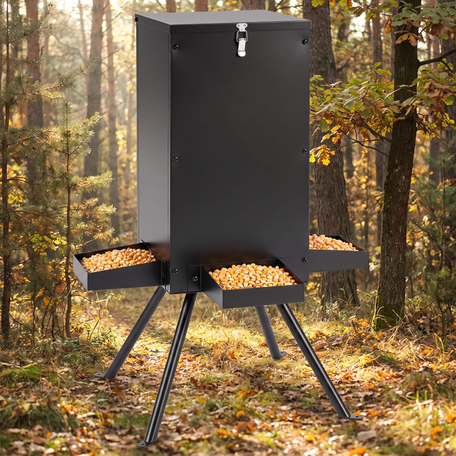 Vebreda 90LB Gravity Deer Feeder with 4 Feeding Trays and 4-Leg Stand, More Feed, Less Refills, Built for Outdoor Seasons, Dry Corn Protection