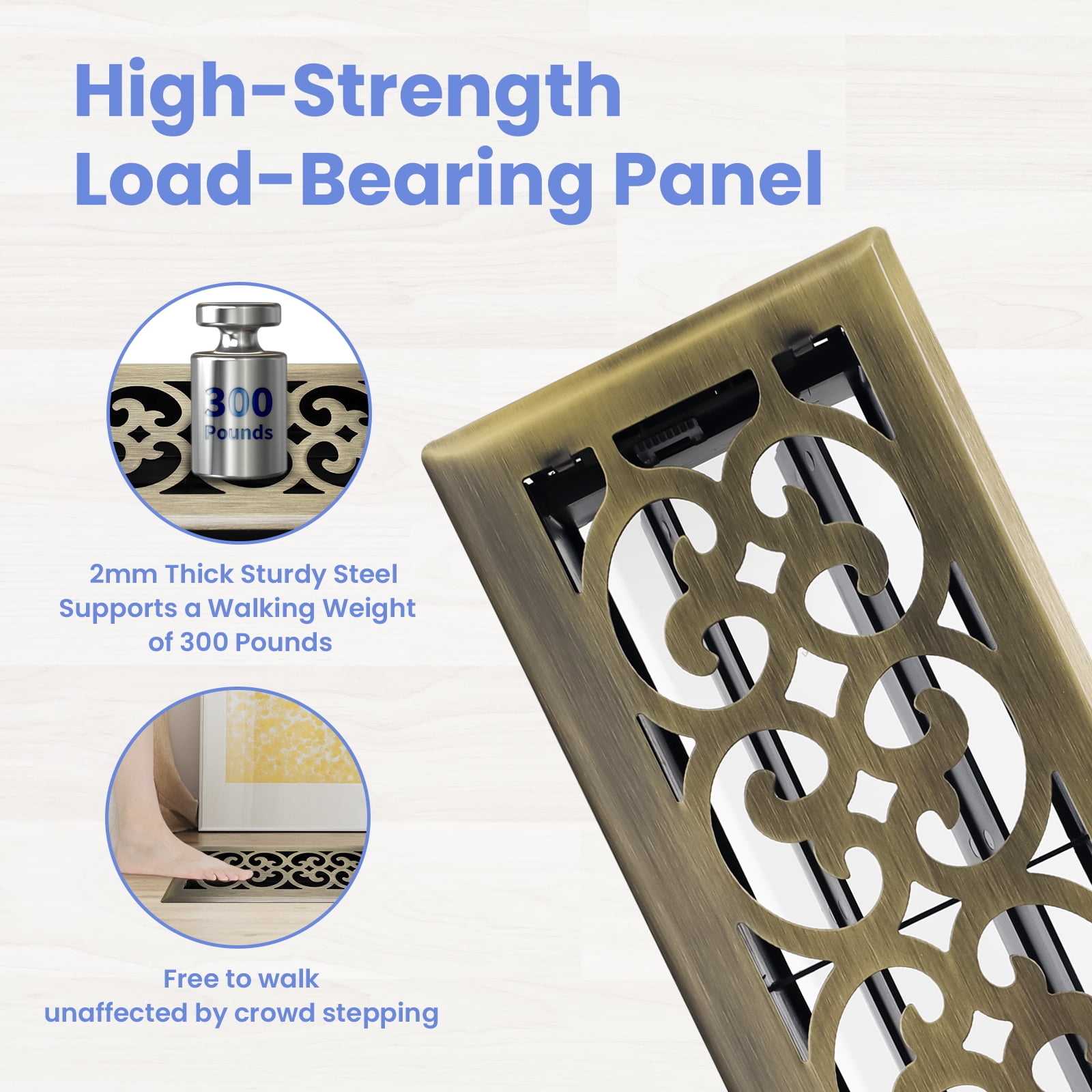 4x12 Inches Heavy Duty Walkable Floor Register Easy Adjust Air Supply Lever Vents - Charlotte Design - Vent Cover for Home Floor - Antique Brass