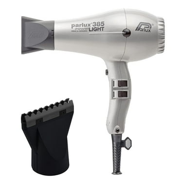 Parlux 385 Silver Powerlight Ionic and Ceramic Hair Dryer and M Hair Designs Hot Blow Attachment Black (Bundle - 2 Items)