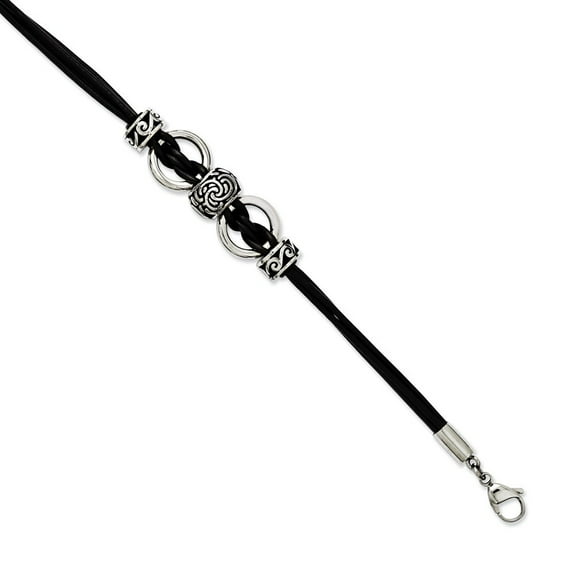 Stainless Steel Black Leather With Antiqued Beads 8.25inch W Ext Bracelet - Measures 4mm Wide