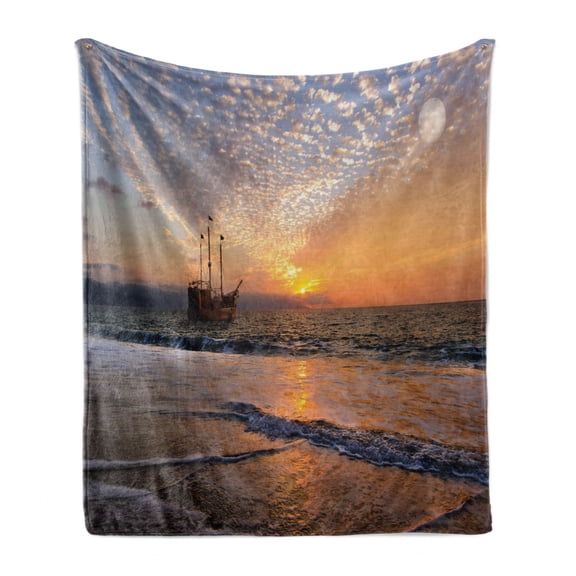 Nautical Soft Flannel Fleece Blanket, Pirate Ship Sailing in Waves Fantasy in the Sea Horizon Moon Sky Surreal Scenery, Cozy Plush for Indoor and Outdoor Use, 70" x 90", Multicolor, by Ambesonne