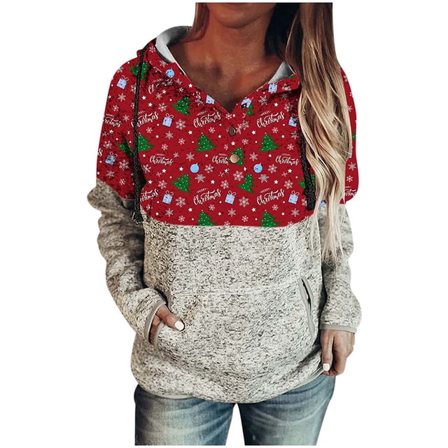 Sudadera con capucha para mujer con estampado de manga larga informal suelta para Navidad Fridja fksj3675