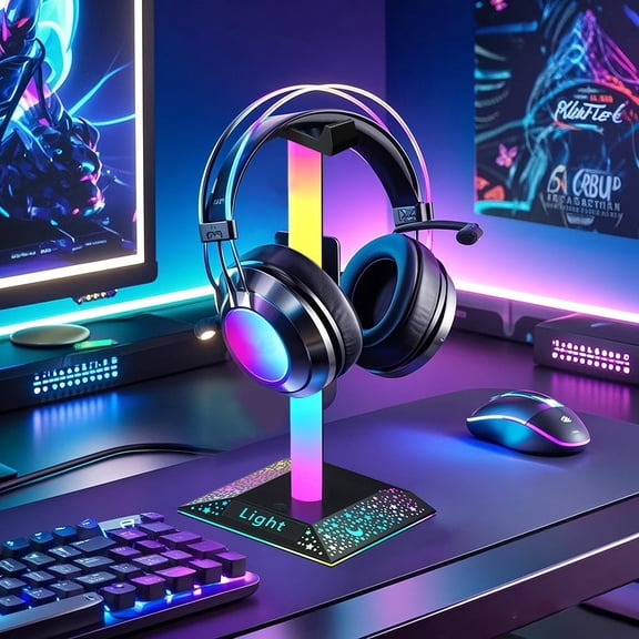 Lohew LED Streaming gaming headset stand with RGB lighting display capabilities, featuring various lighting effects. Universal headset holder, powered by USB,Decoration of the game room.