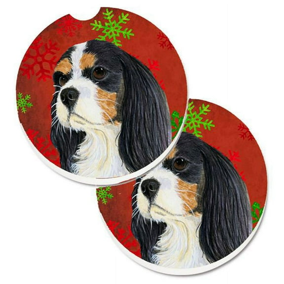 Cavalier Spaniel Red & Green Snowflakes Holiday Christmas Set of 2 Cup Holder Car Coaster